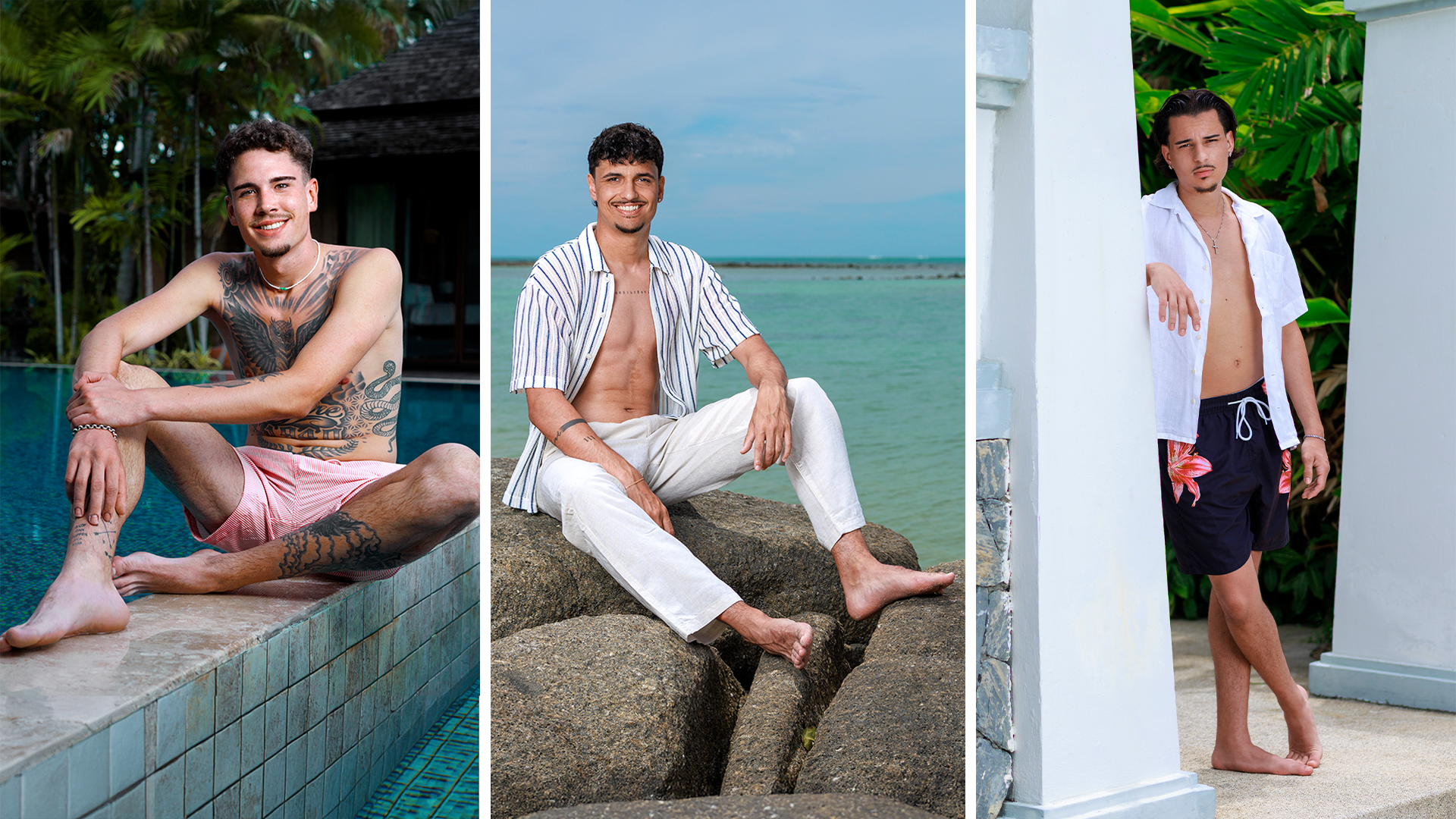 13974696-3 Drei Oberländer buhlen bei 3+ um die Gunst von Bachelorette Ariel: Livio und Leandro aus Fehraltorf sowie Massimo aus Dübendorf (von links).